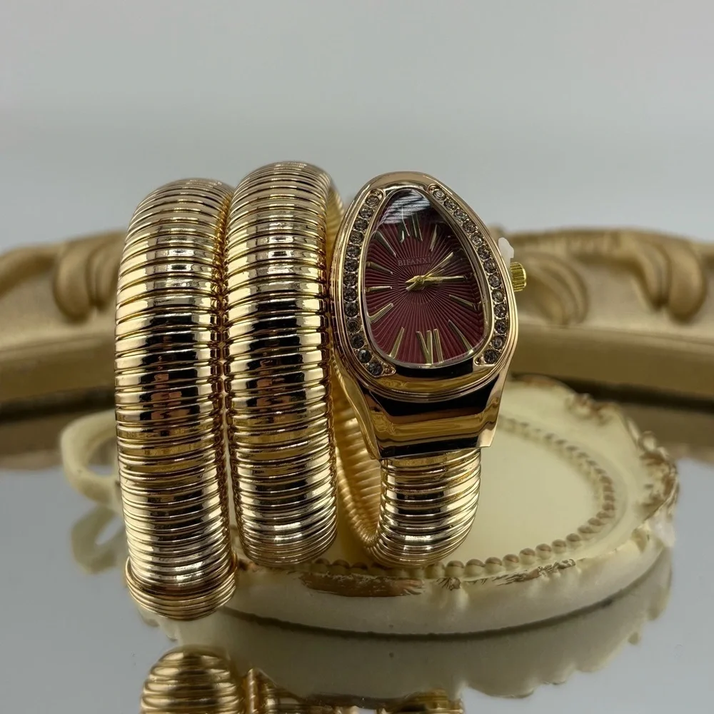 Serpenti Wrap Bracelet Watch – Gold Tone / Burgundy Dial ✨